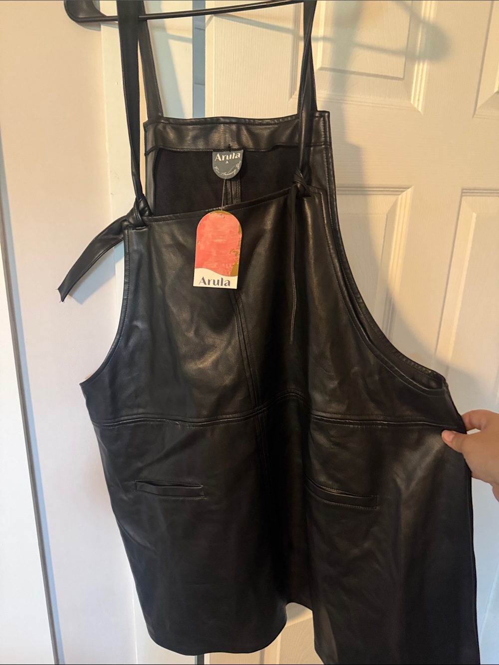 ARULA Black Faux Leather Overall Apron